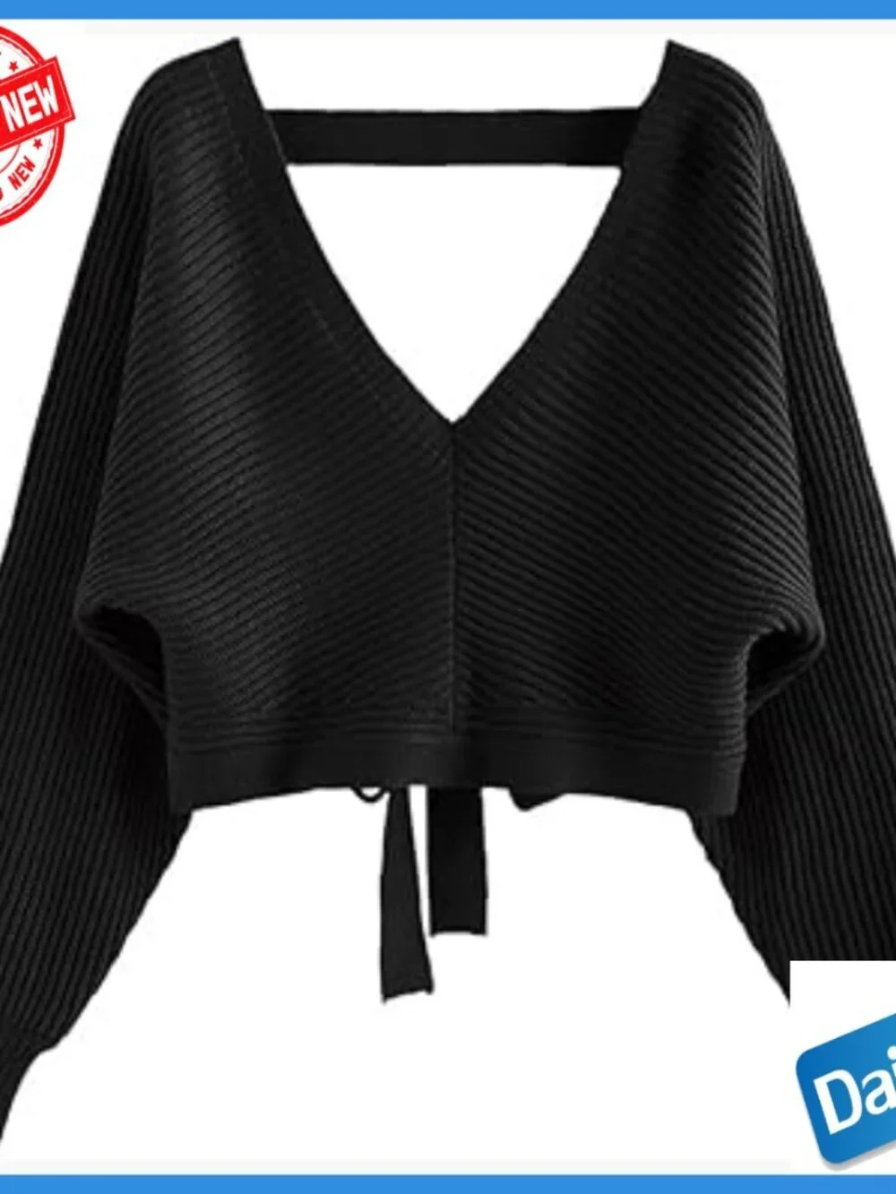 Cropped Ribbed Sweater V-Neck Backless Tie Loose Fit Batwing Sleeve